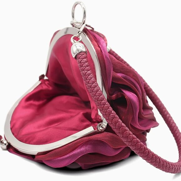 Rose Shaped Satin Evening Bag Floral Wristlet Clutch Purse Women Wedding - Picture 5 of 7